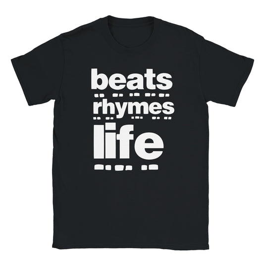 Bold white text reading beats rhymes life with stylized lines on black streetwear tee