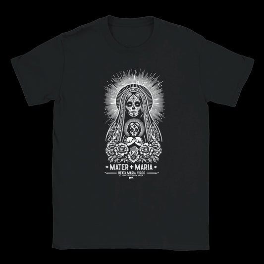 Sugar skull Madonna and child illustration with radiant halo and floral base on black gothic streetwear tee
