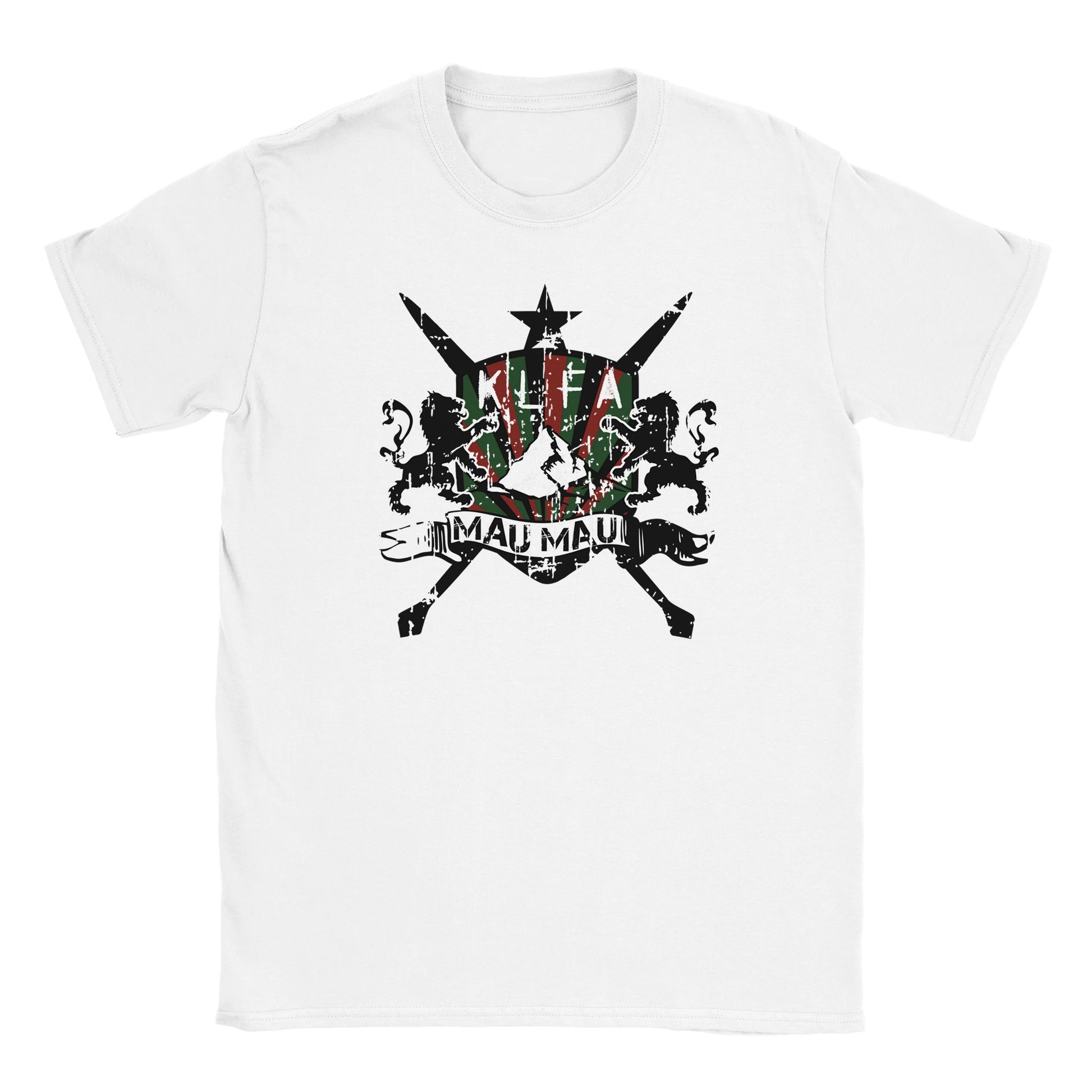 Distressed Mau Mau crest with lions, rifles, and KLFA colors on white streetwear tee
