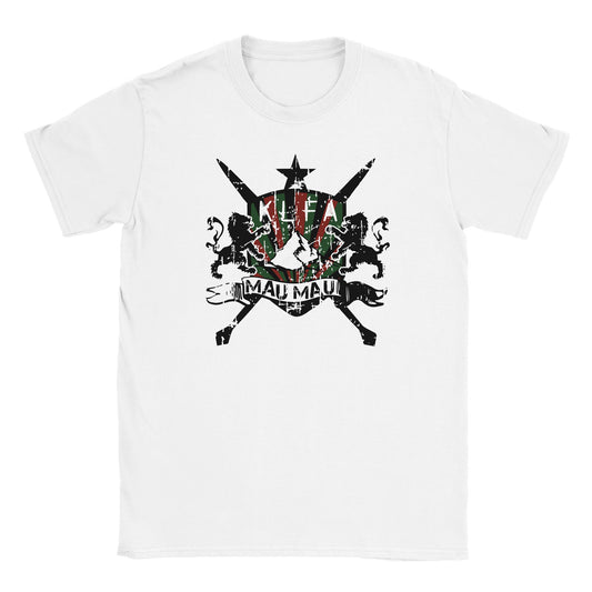 Distressed Mau Mau crest with lions, rifles, and KLFA colors on white streetwear tee