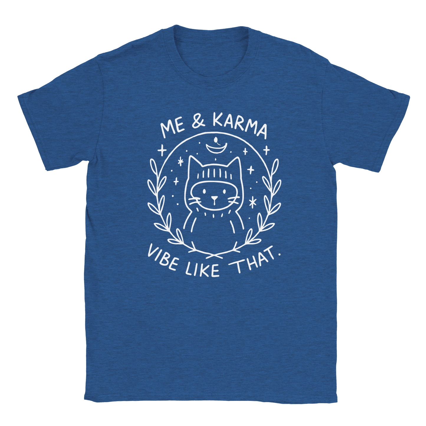 Graphic navy T-shirt featuring white line art of a cat with the phrase Me & Karma Vibe Like That, cosmic stars and moon design