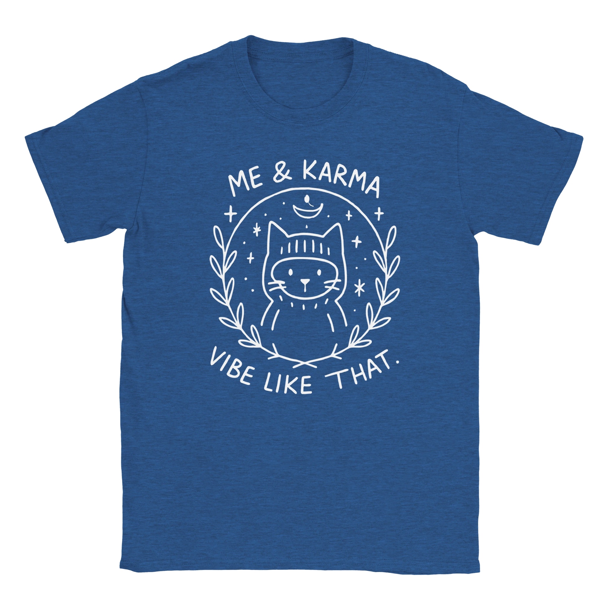 Graphic navy T-shirt featuring white line art of a cat with the phrase Me & Karma Vibe Like That, cosmic stars and moon design