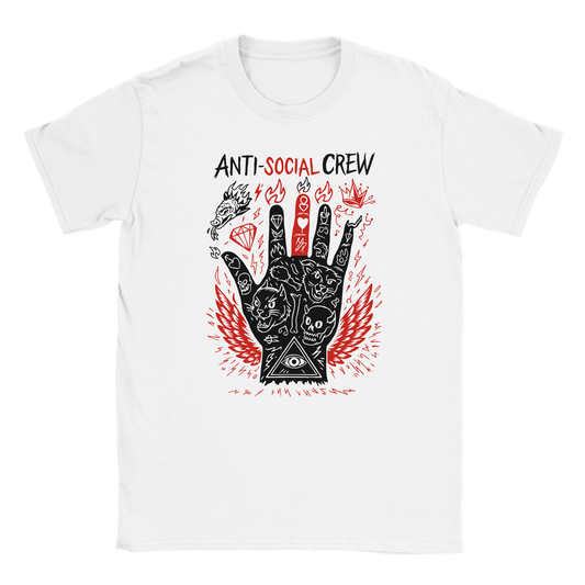 Tattooed hand with wings, skulls, cats, fire, and all-seeing eye under Anti-Social Crew text on white tee