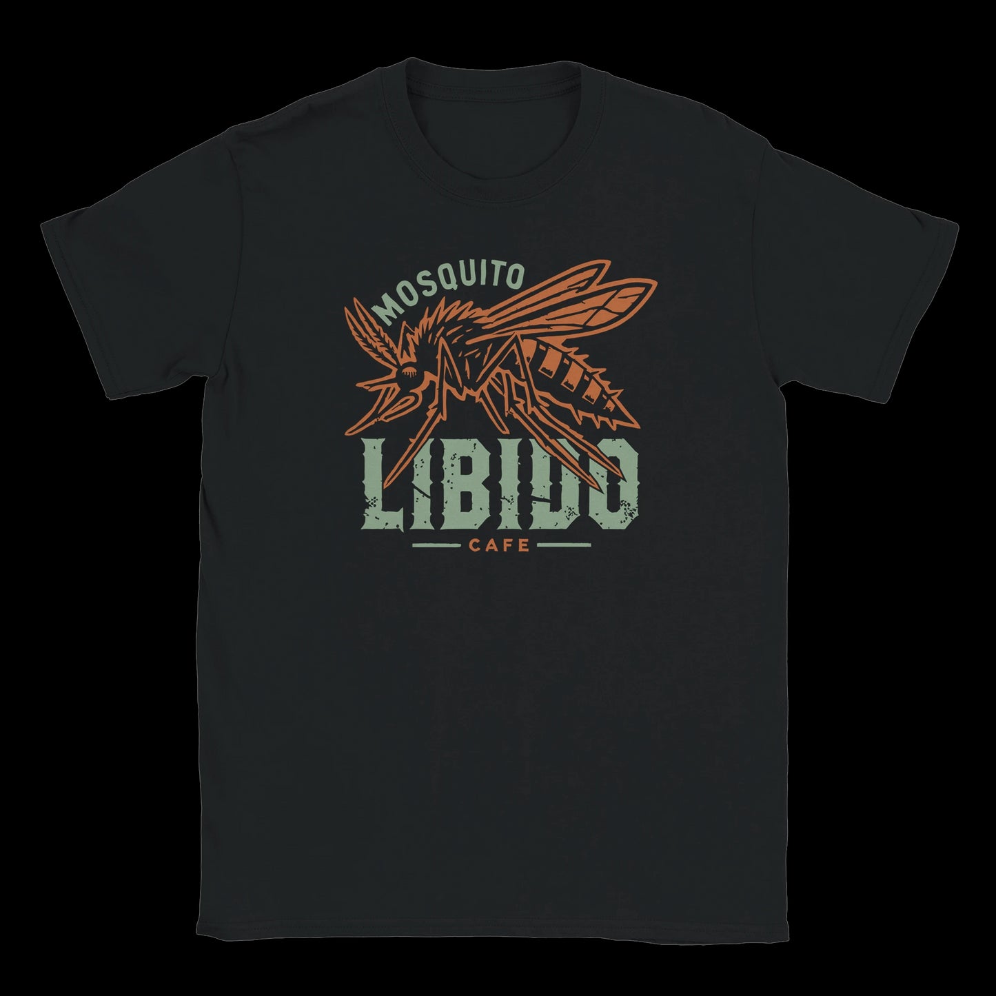 Bold mosquito illustration with text Mosquito Libido Café on black streetwear t-shirt
