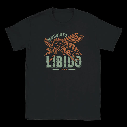 Bold mosquito illustration with text Mosquito Libido Café on black streetwear t-shirt
