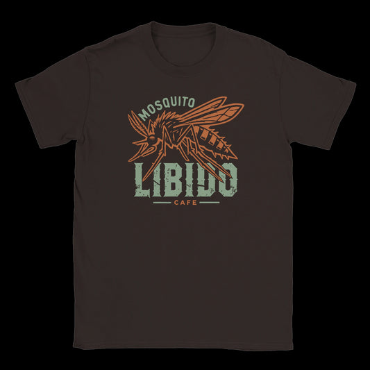 Bold mosquito illustration with text Mosquito Libido Café on street dark chocolate wear t-shirt
