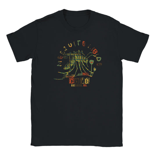 Distorted plaid mosquito graphic with glitchy café text and Aberdeen, WA on black grunge streetwear tee