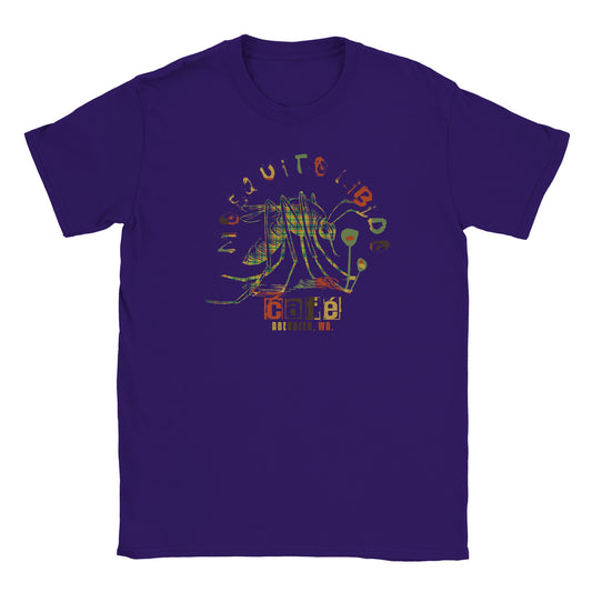 Distorted plaid mosquito graphic with glitchy café text and Aberdeen, WA on purple grunge streetwear tee