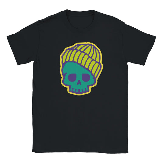 Pop-art style skull in neon green beanie with teal, purple, and yellow outline on black tee