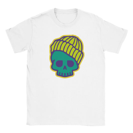 Pop-art style skull in neon green beanie with teal, purple, and yellow outline on white tee
