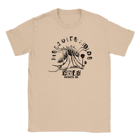 Black sketch-style mosquito drinking from café cups with distressed Mosquito Libido text on beige tee