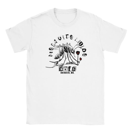 Black sketch-style mosquito drinking from café cups with distressed Mosquito Libido text on white tee