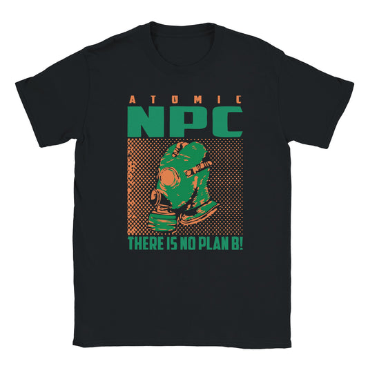 Gas mask figure in halftone style with bold NPC text and There Is No Plan B on black t-shirt