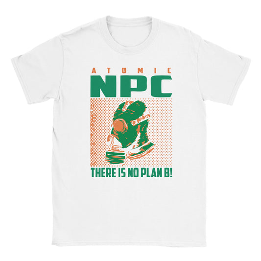 Gas mask figure in halftone style with bold NPC text and There Is No Plan B on white t-shirt