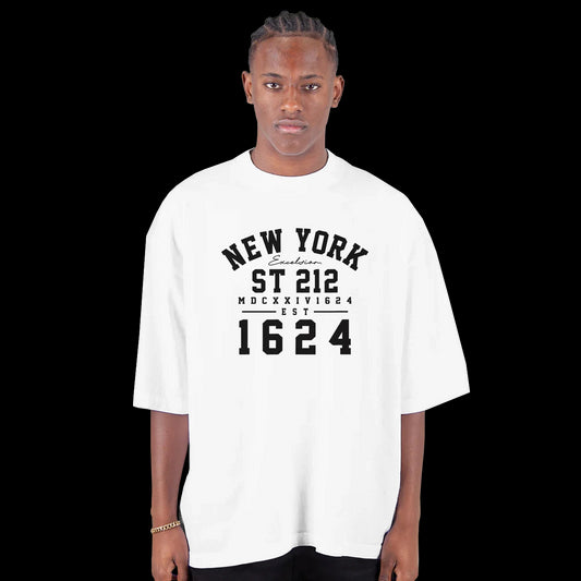 white t-shirt with bold NYC 1624 lettering representing the founding year of New York with streetwear style front
