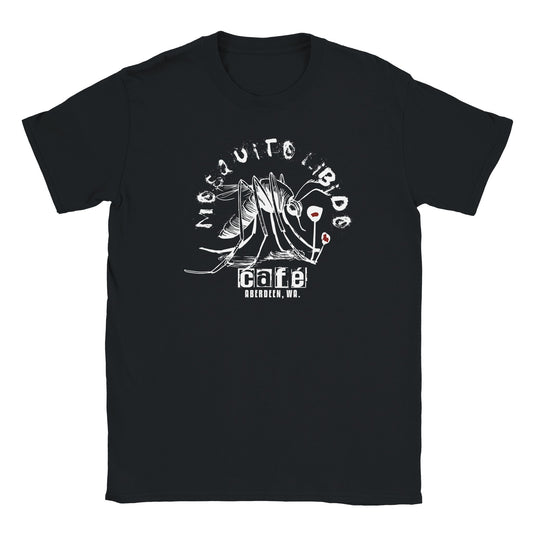 White mosquito illustration with espresso and blood drops above café text on black tee