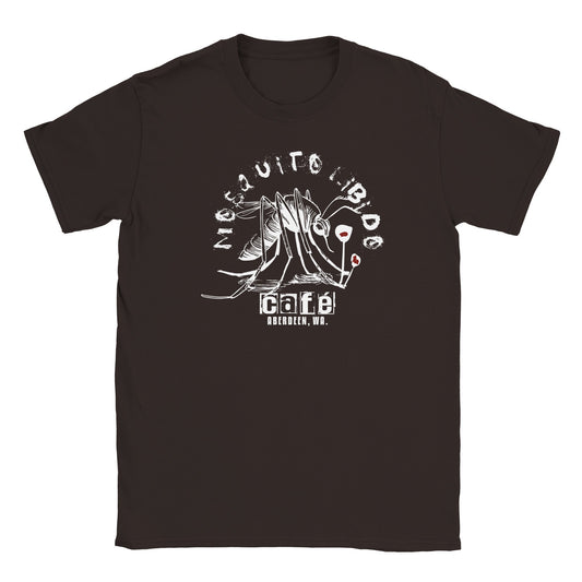 White mosquito illustration with espresso and blood drops above café text on dark chocolate tee