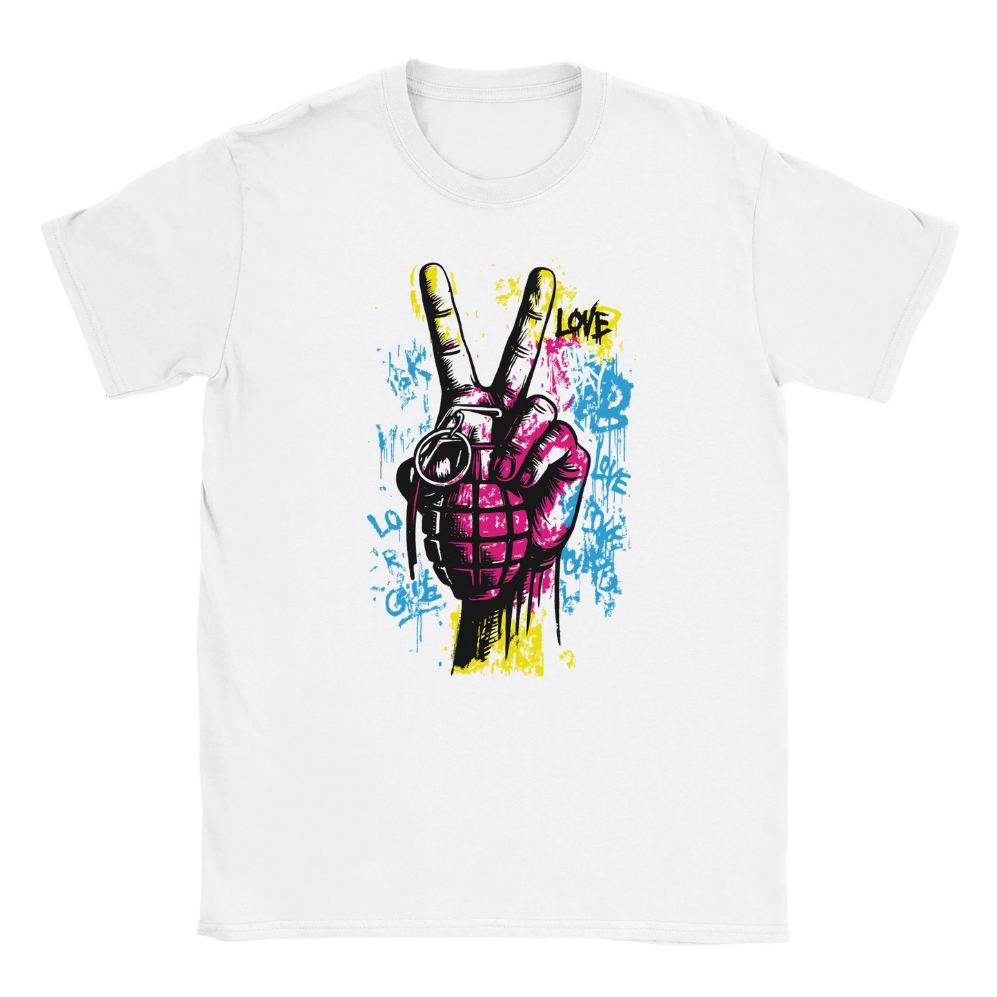 Peace Revolt graphic design on black T-shirt featuring neon graffiti hand holding a love grenade