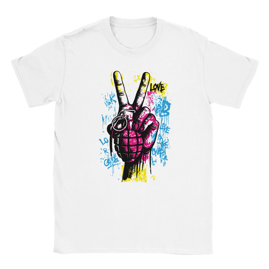 Peace Revolt graphic design on black T-shirt featuring neon graffiti hand holding a love grenade