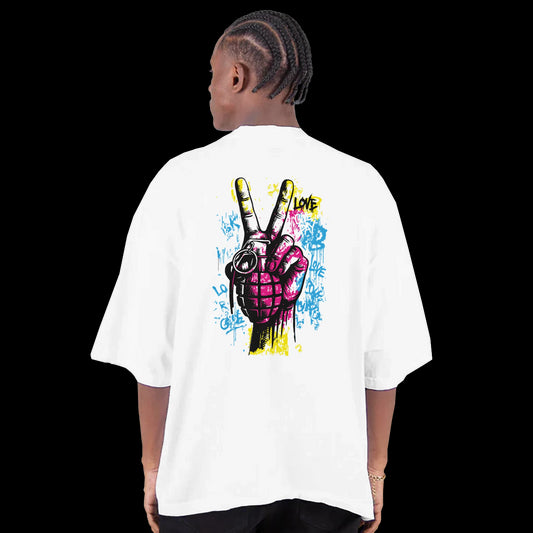 paint-splatter grenade with graffiti words like love and peace on white streetwear tee back