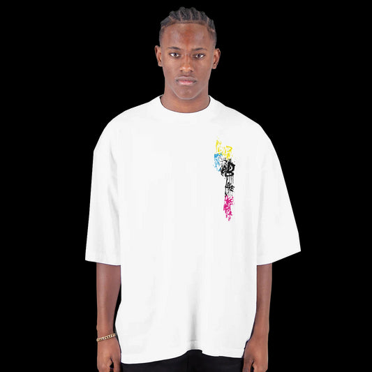 paint-splatter grenade with graffiti words like love and peace on white streetwear tee front