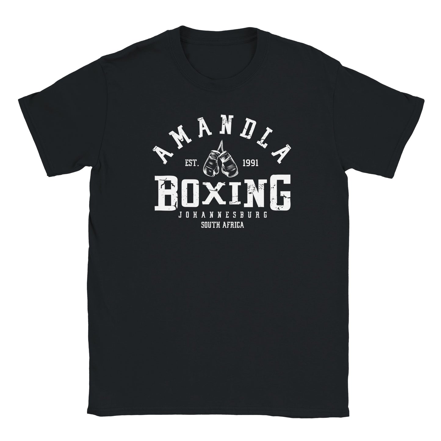 Vintage boxing gloves graphic with bold Amandla Boxing 1991 text and Johannesburg South Africa on black tee