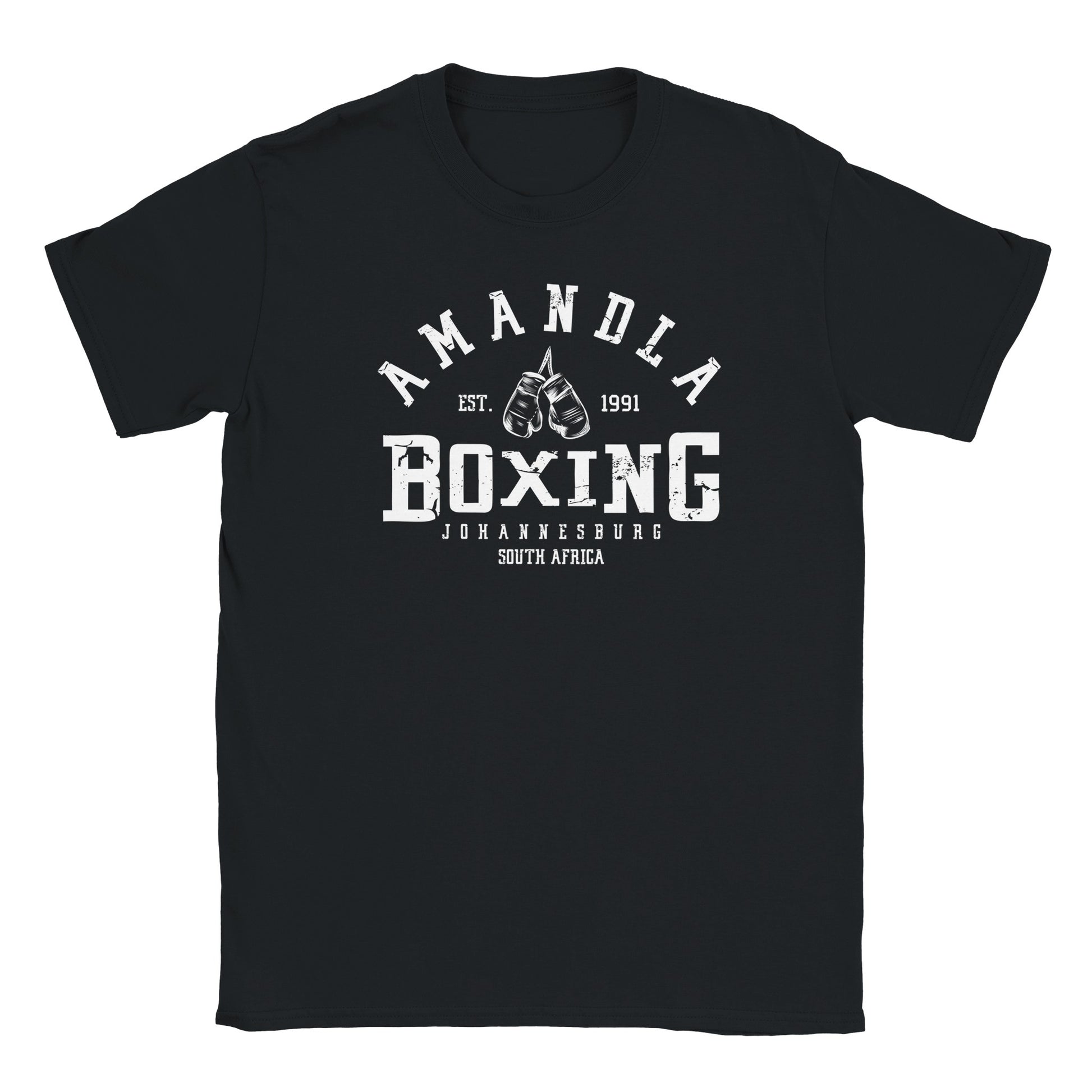 Vintage boxing gloves graphic with bold Amandla Boxing 1991 text and Johannesburg South Africa on black tee