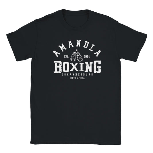 Vintage boxing gloves graphic with bold Amandla Boxing 1991 text and Johannesburg South Africa on black tee