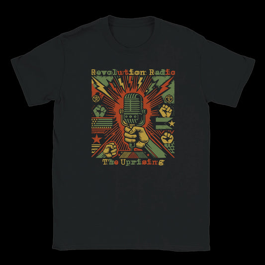 Retro protest-style mic held in raised fist with fists, lightning bolts, and Revolution Radio text on black tee