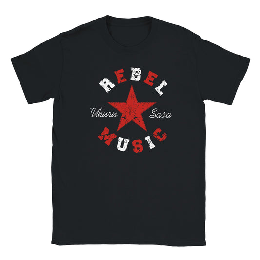 Distressed red star with cracked REBEL MUSIC text and Uhuru Sasa script on black tee