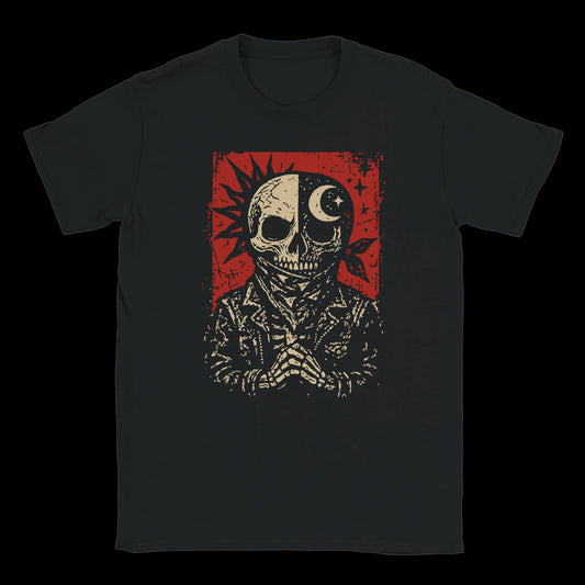 Split skull design with sun and moon symbols, red distressed background, and jacketed skeleton on black tee