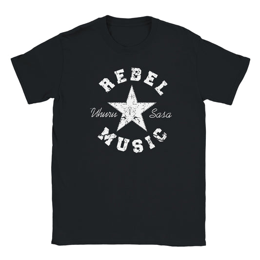 White distressed star with cracked REBEL MUSIC text and Uhuru Sasa script on black tee