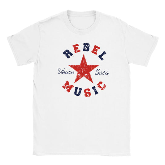 Red distressed star with cracked red and navy REBEL MUSIC text and Uhuru Sasa script on white tee