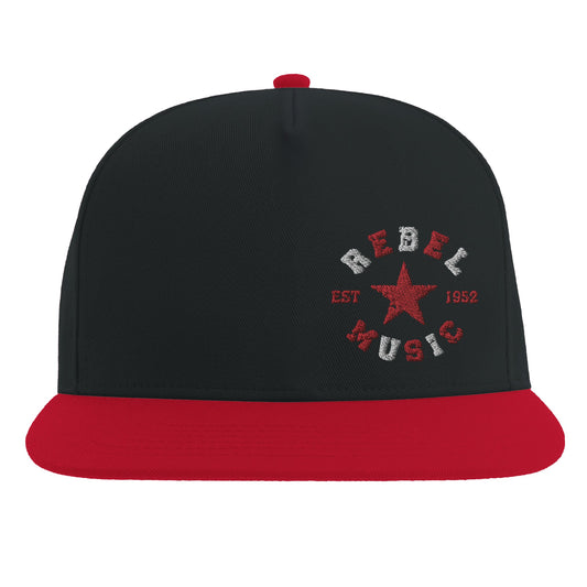 Black and red snapback hat with distressed embroidered REBEL MUSIC text, red star, and EST 1952