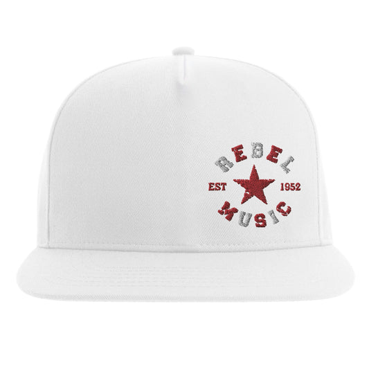 White snapback hat with distressed embroidered REBEL MUSIC text, red star, and EST 1952
