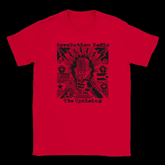 Black graphic of raised fist holding mic with lightning bolts, protest icons, and Revolution Radio text on red t shirt