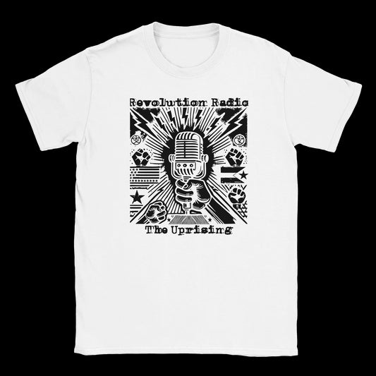 Black and white graphic of raised fist holding mic with lightning bolts, protest icons, and Revolution Radio text
