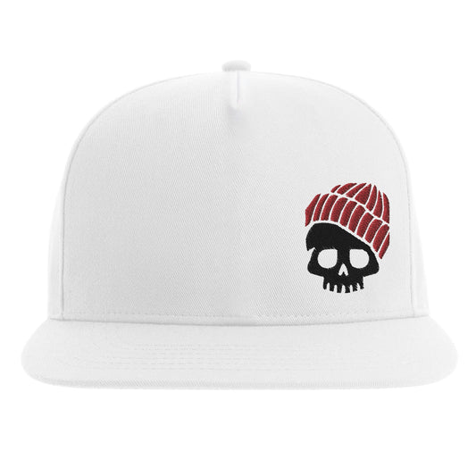 White snapback with small embroidered skull wearing red beanie on front left panel