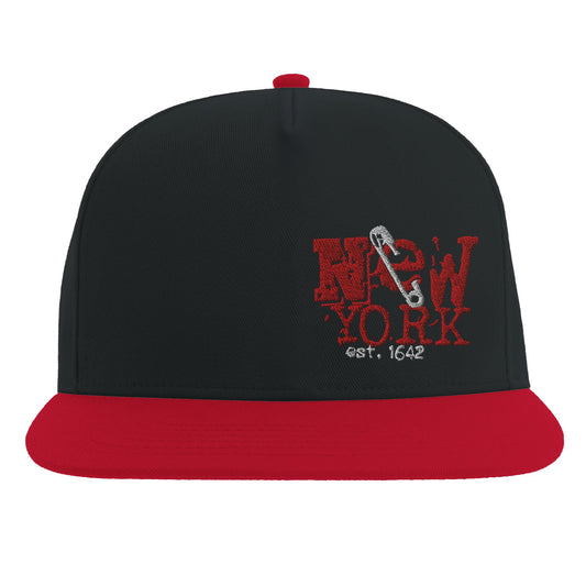 Black and red snapback hat with distressed red NYC embroidery and metallic safety pin detail