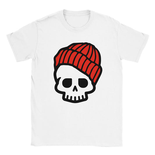 Minimalist skull with black outline and red beanie on white graphic tee