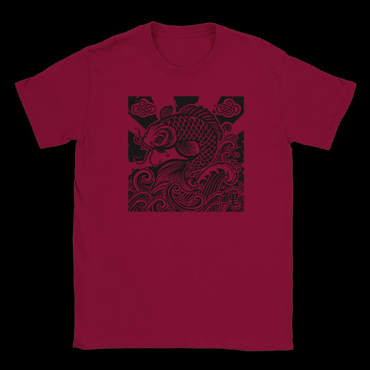 Black  koi fish T-shirt design with crashing waves and Japanese cloud motifs red t shirt
