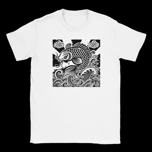 Black and white koi fish T-shirt design with crashing waves and Japanese cloud motifs