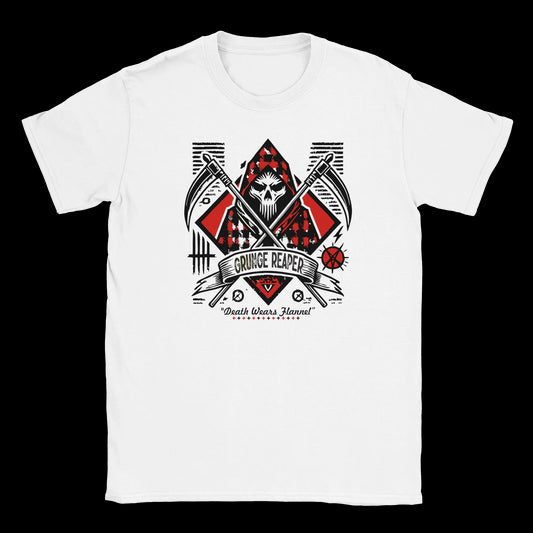Grunge reaper graphic with red flannel and crossed scythes on a white T-shirt
