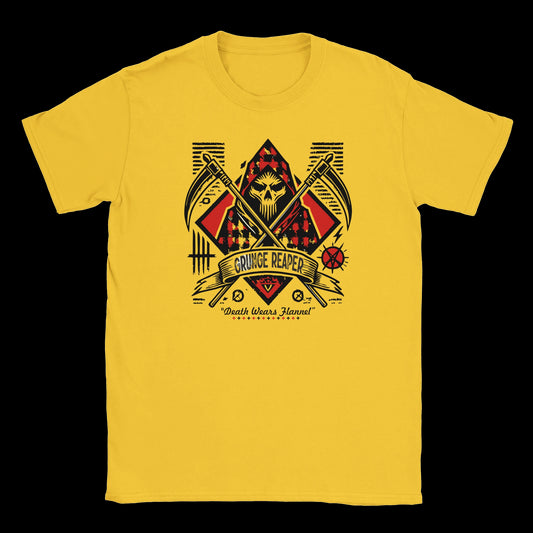 Grunge reaper graphic with red flannel and crossed scythes on a yellow T-shirt
