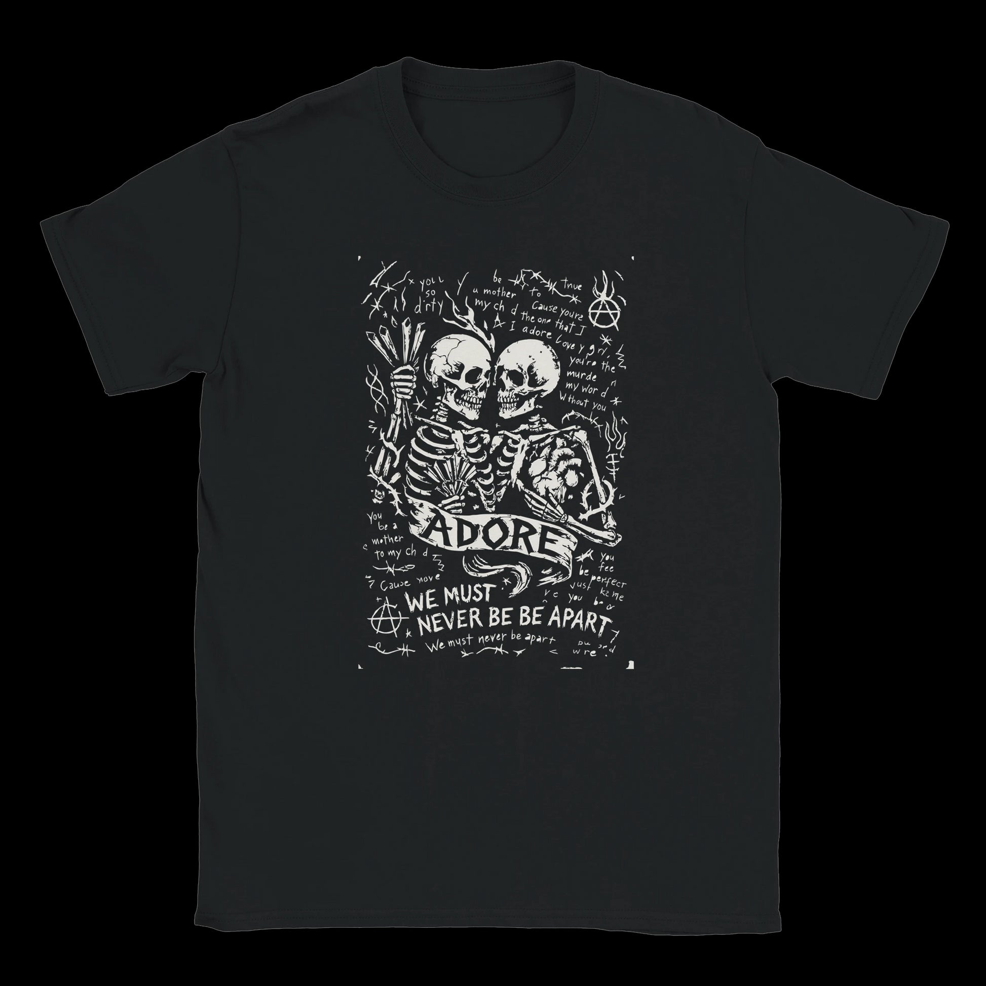 Two skeletons holding each other with handwritten lyrics and anarchy symbols on a black T-shirt