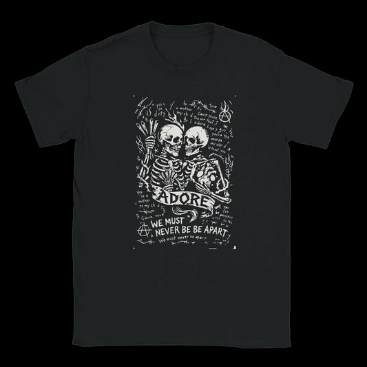 Two skeletons holding each other with handwritten lyrics and anarchy symbols on a black T-shirt