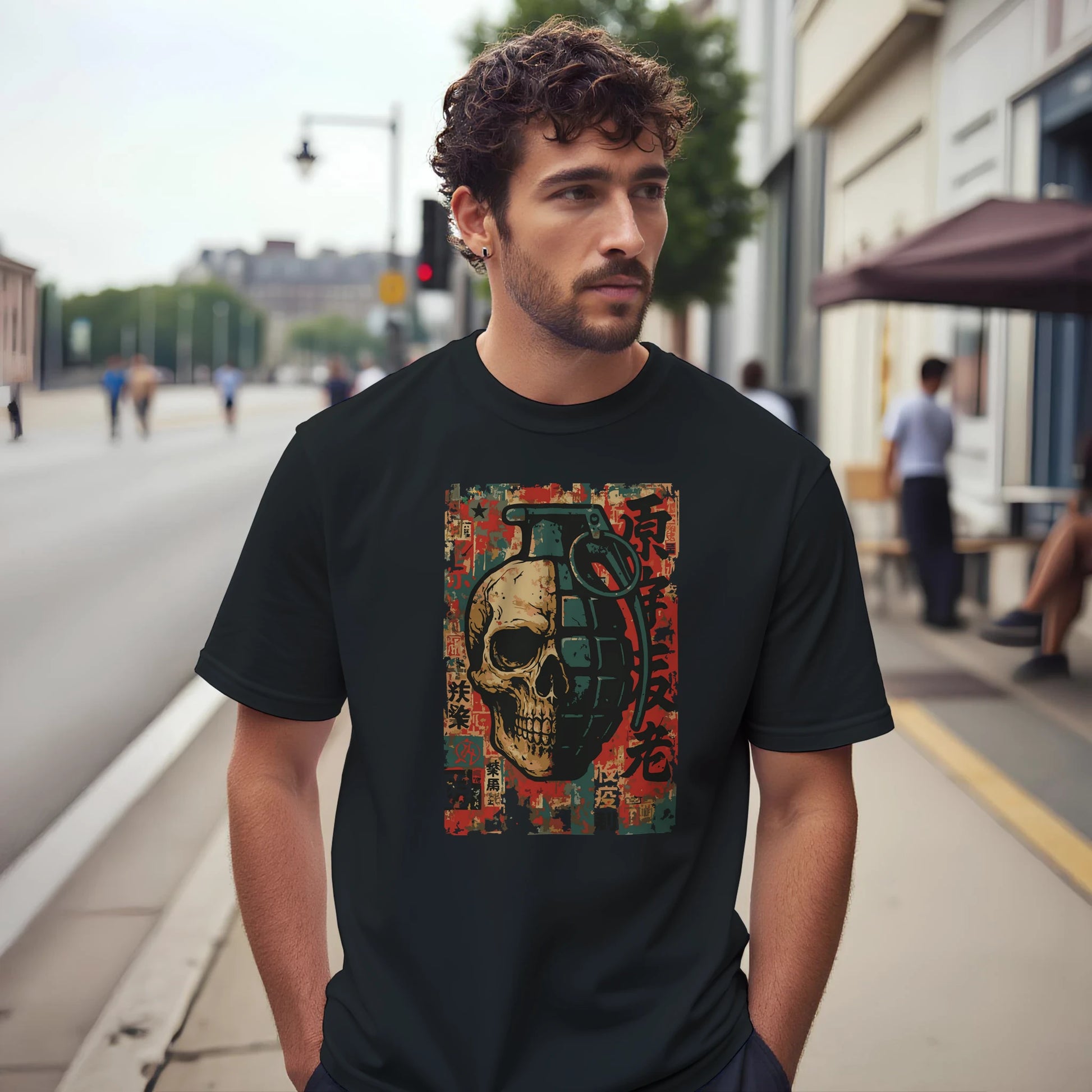 Skull Grenade design on black T-shirt with half skull half grenade and distressed graffiti background