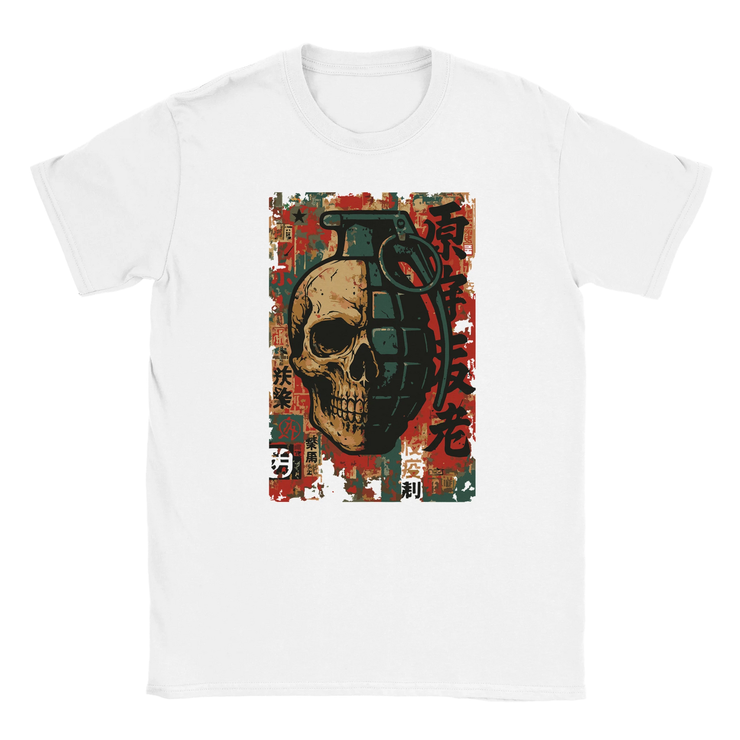 Skull Grenade design on white T-shirt with half skull half grenade and distressed graffiti background