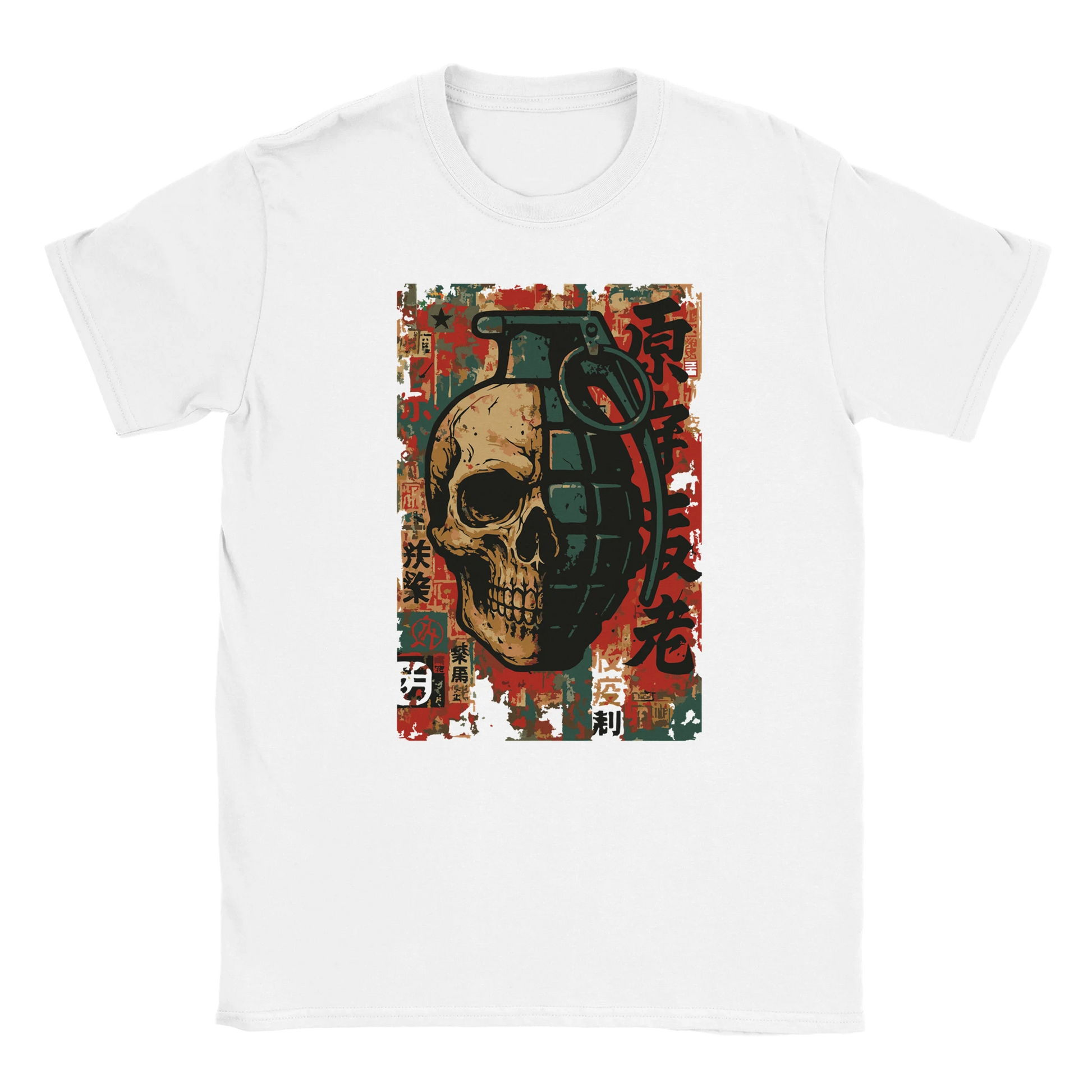 Skull Grenade design on white T-shirt with half skull half grenade and distressed graffiti background