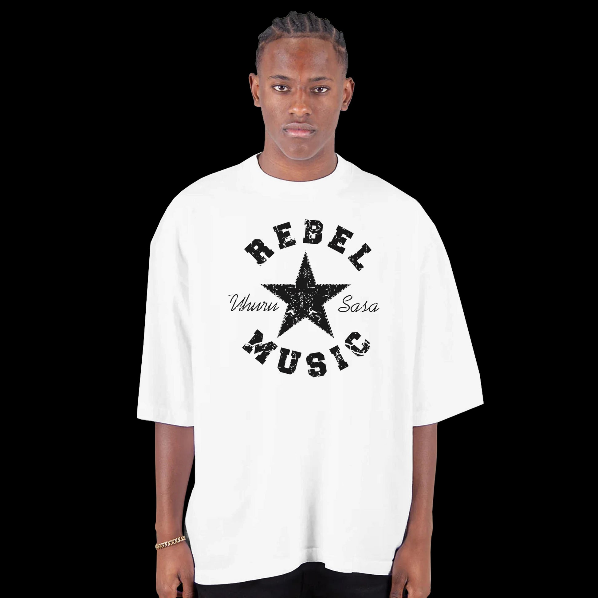 Soundtrack for the Defiant Rebel Music distressed black star graphic on a white T-shirt front